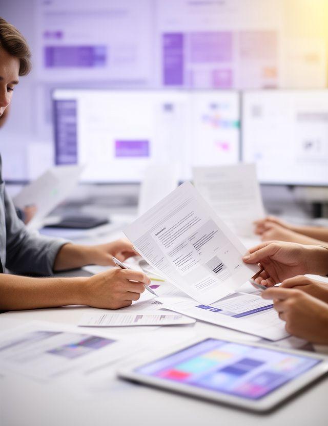 Equipo revisando condiciones de uso en una oficina luminosa con pantallas de juegos móviles y notas de diseño