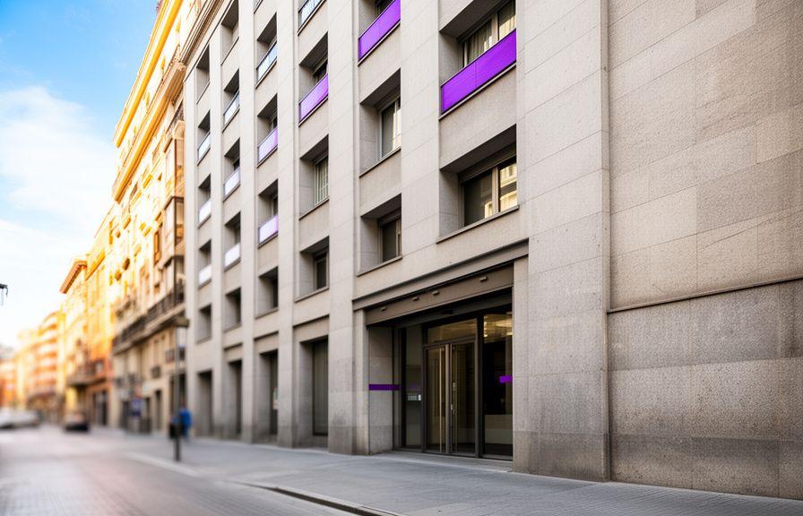 Street-level view of the Madrid office building on Calle de Guillermo de Osma with bright daytime lighting