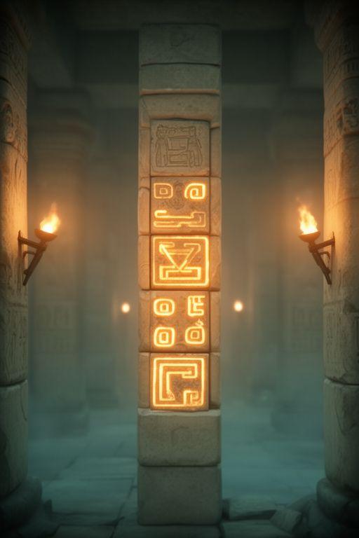 Pantalla de niveles de puzzle con bloques jeroglíficos, piezas de piedra y luces cálidas en un templo antiguo