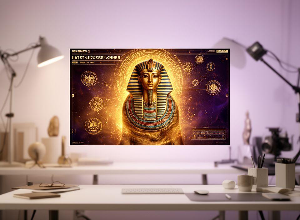 Pantalla de noticia destacada con arte conceptual egipcio, jeroglíficos dorados y una interfaz móvil en un escritorio de estudio iluminado