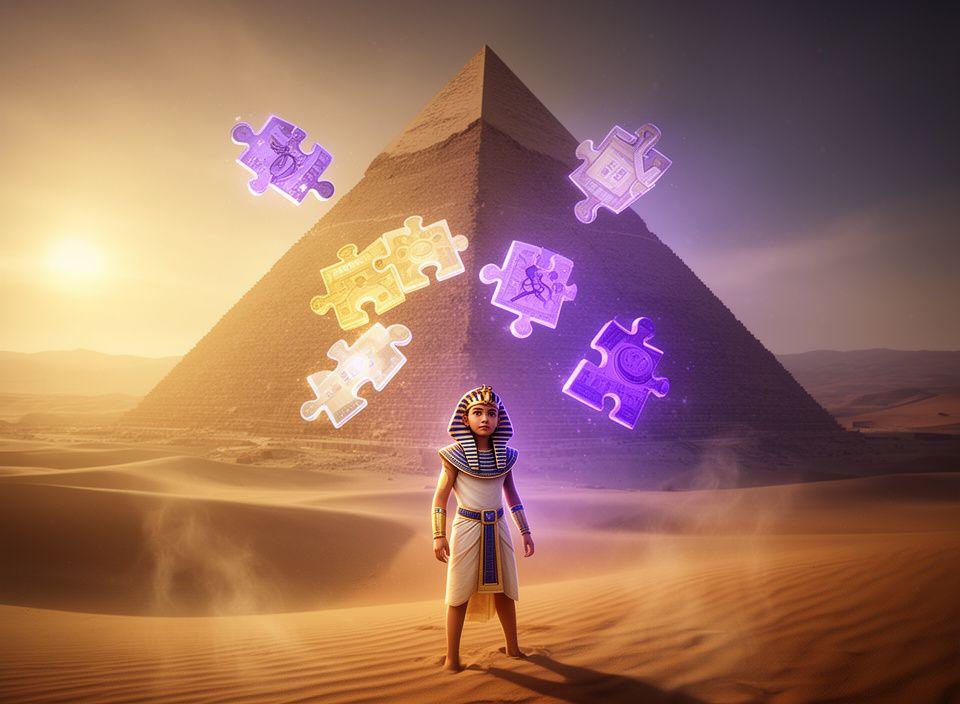 Faraón joven junto a una pirámide iluminada, con un personaje jugable en primer plano y piezas de puzzle flotando en un desierto dorado