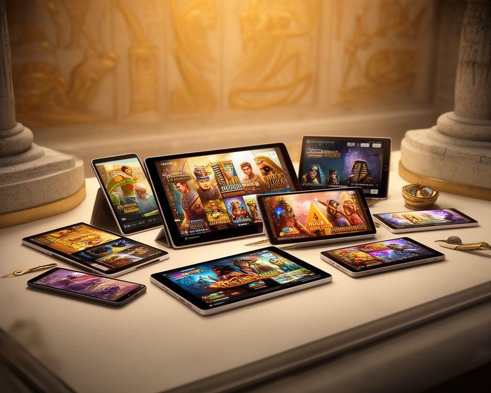 Pantalla móvil con varios juegos de temática egipcia sobre una mesa clara, rodeada de símbolos dorados y piedra tallada