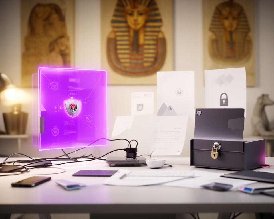 Mobile game studio workspace with Egyptian-themed artwork, privacy documents and a bright desktop setup