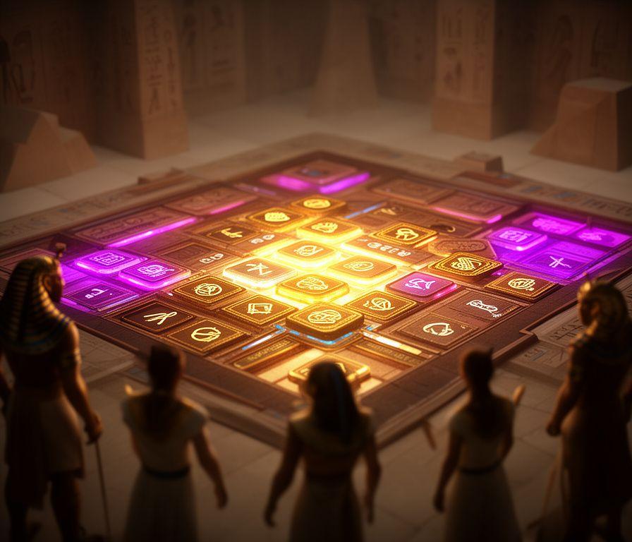 Captura de interfaz de Faraón Puzzle 2 mostrando un tablero con símbolos egipcios, luces suaves y personajes mitológicos en primer plano