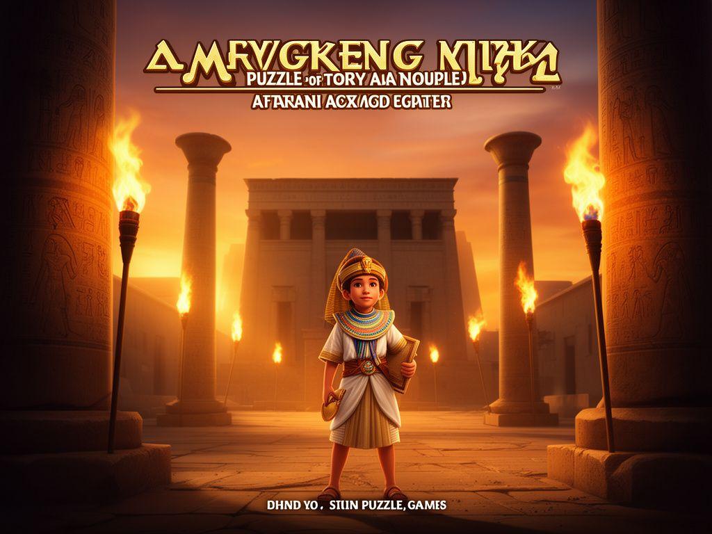 Portada de Faraón Puzzle con un joven escriba ante un templo iluminado por antorchas al atardecer
