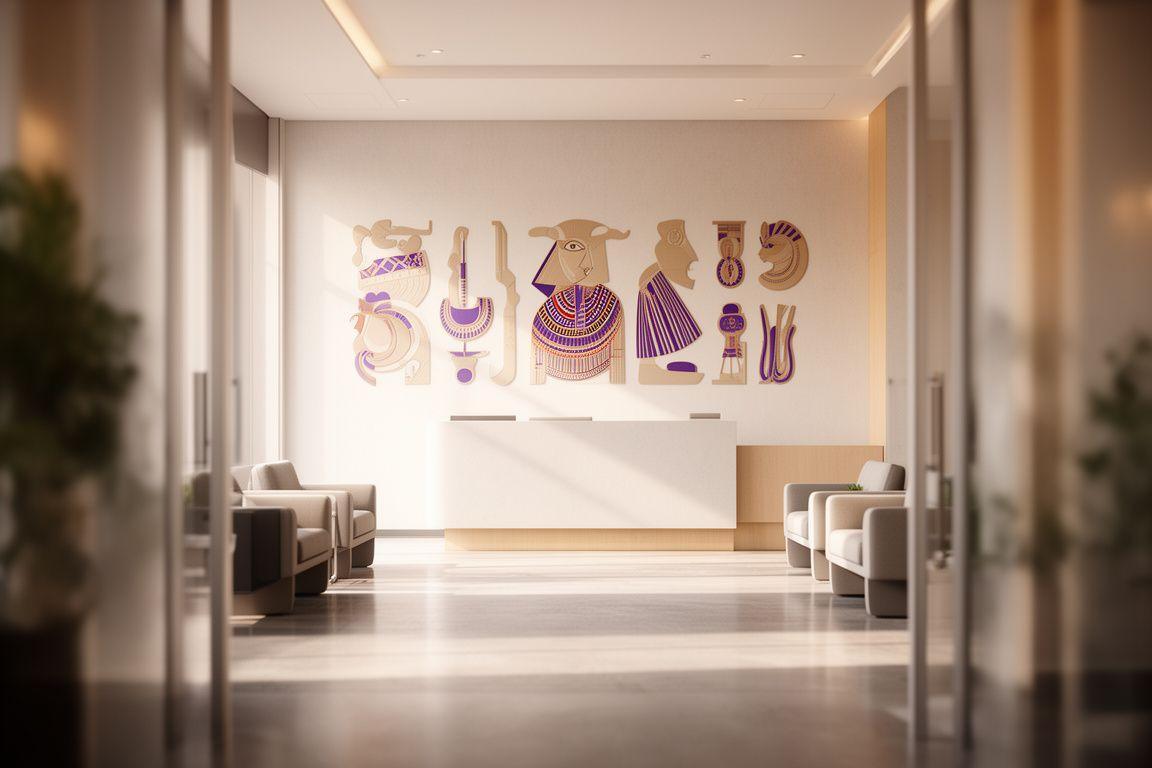 Modern office reception with Egyptian game artwork on the wall and warm natural light in Madrid