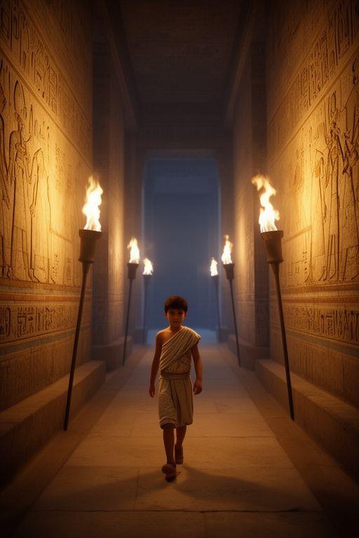 Momento narrativo con el escriba Nefer caminando por un corredor de templo junto a antorchas encendidas