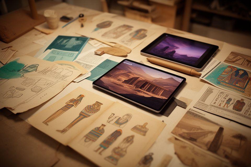 Mesa de trabajo con bocetos, tablets y referencias visuales de jeroglíficos, estatuas y escenarios del Valle de los Reyes